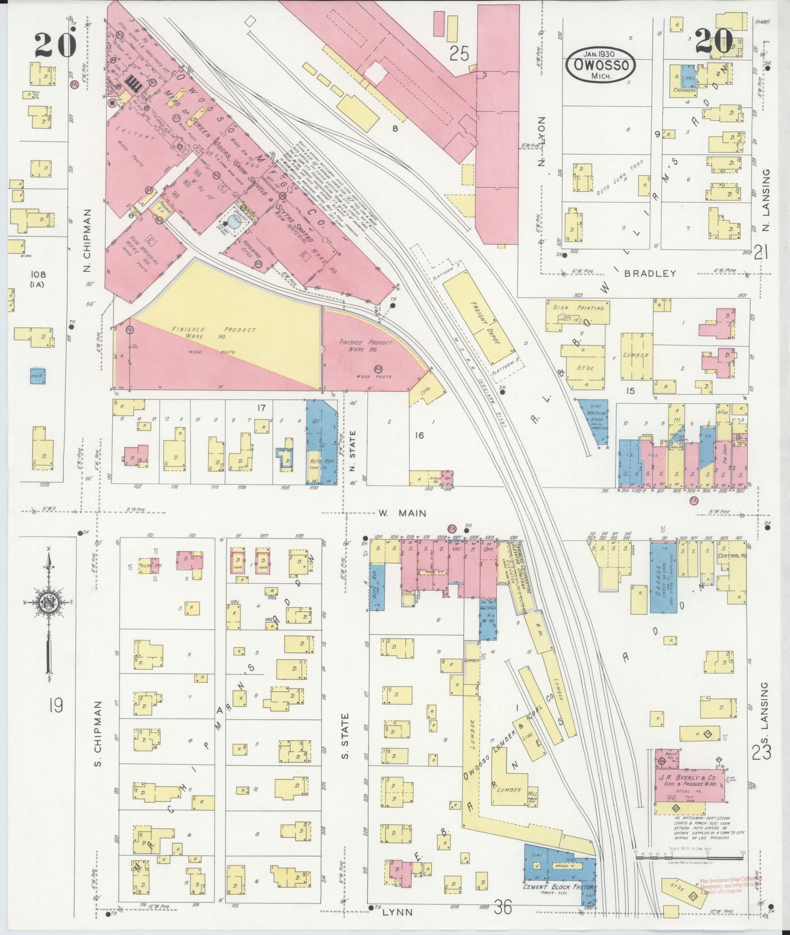 Sanborn Fire Insurance Map from Owosso, Shiawassee County, Michigan (1930), Sheet #0020 - Complete Map Set gallery image, historic Sanborn map, vintage wall art, Michigan Michigan