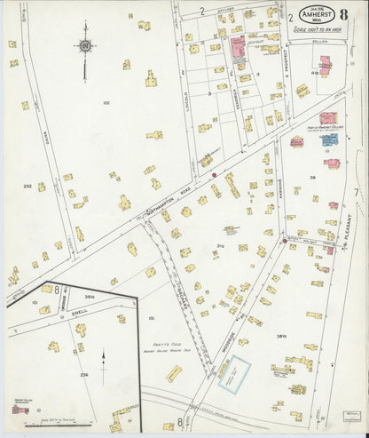 Sanborn Fire Insurance Map from Amherst, Hampshire County, Massachusetts (1916), Sheet #0008 - Historic Sanborn Fire Insurance Map Print, vintage old map wall art, antique decor, genealogy gift, Massachusetts Massachusetts map