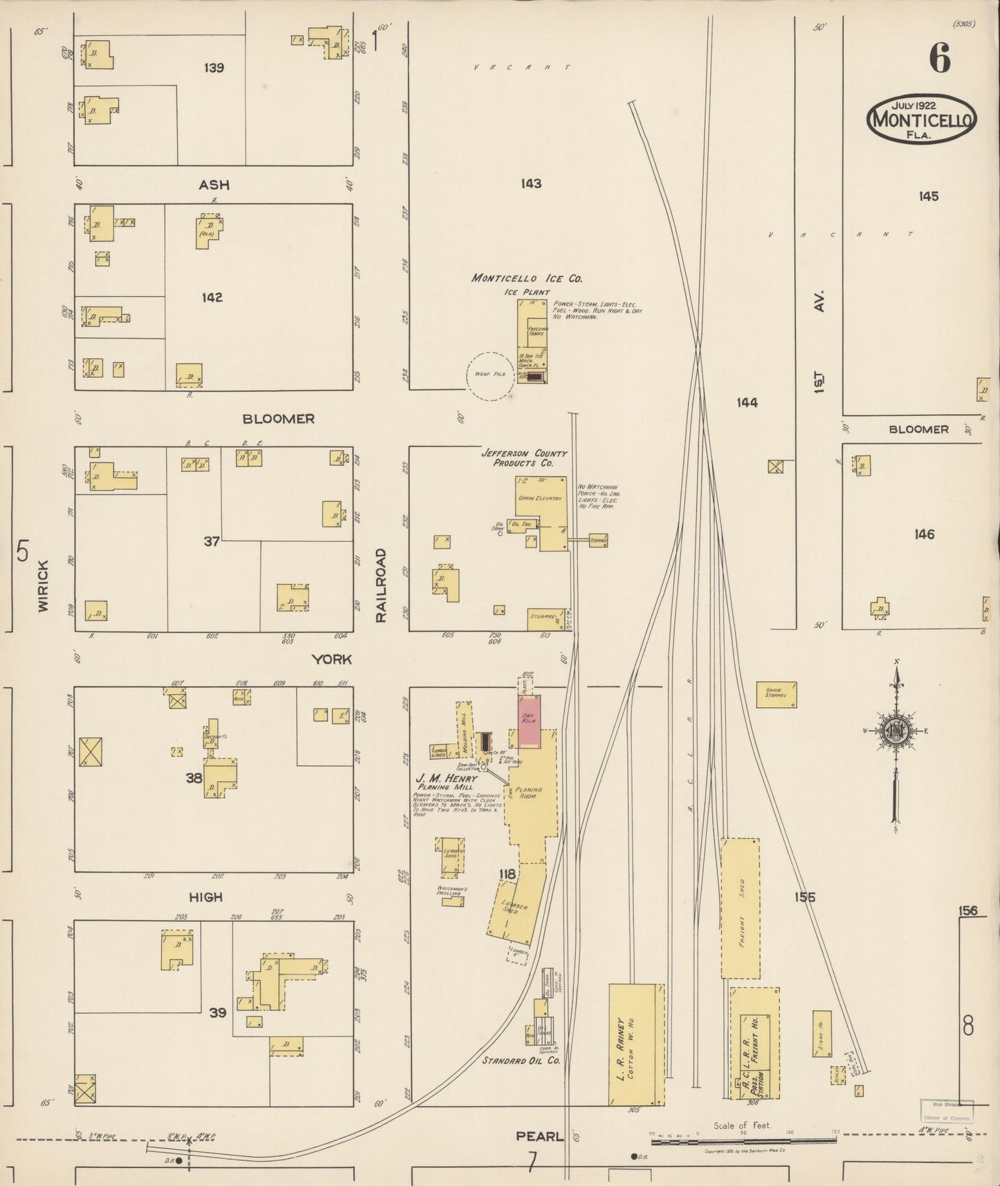 Sanborn Fire Insurance Map from Monticello, Jefferson County, Florida (1922), Sheet #0006 - Historic Sanborn Fire Insurance Map Print, vintage old map wall art, antique decor, genealogy gift, Florida Florida map
