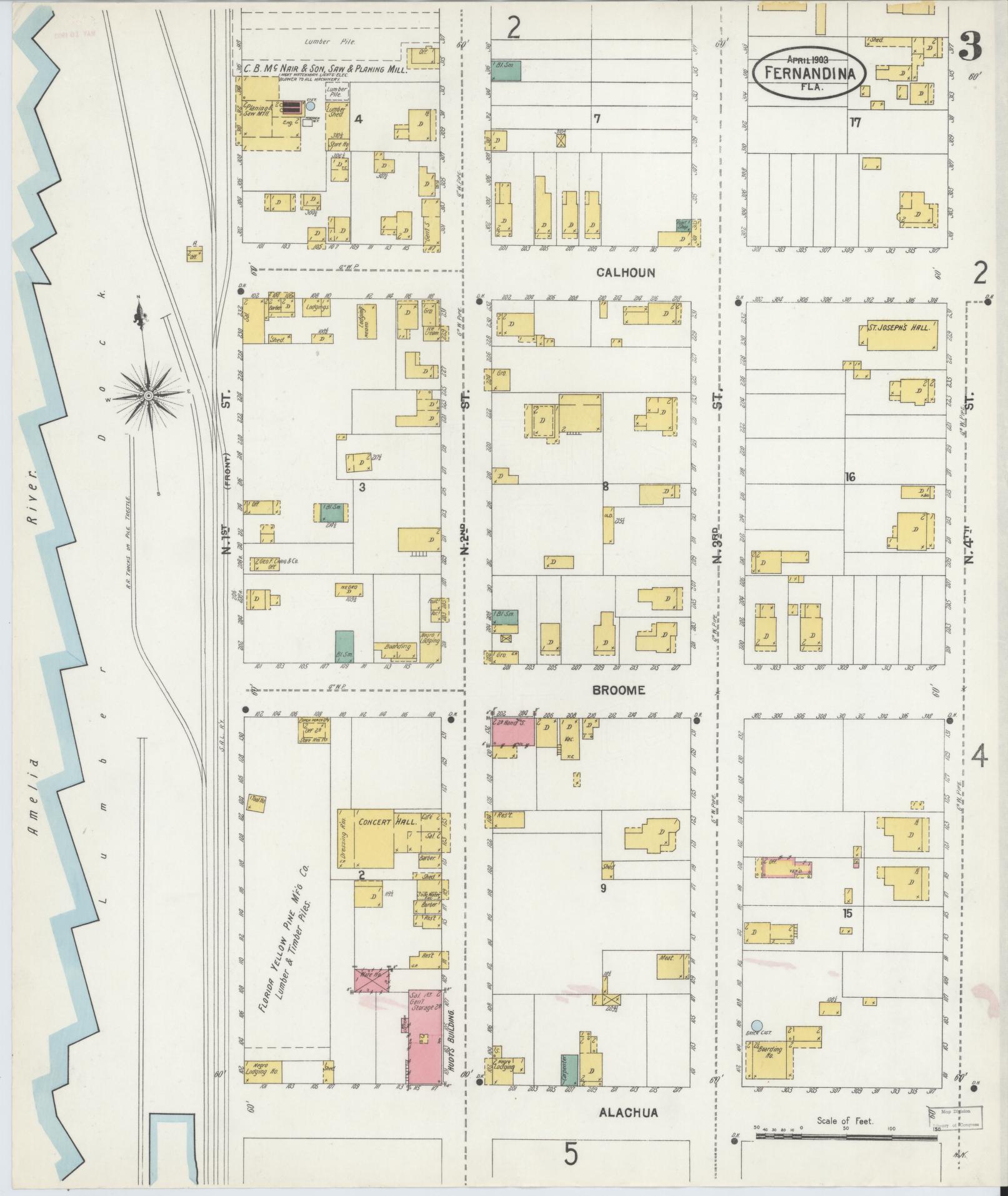 Sanborn Fire Insurance Map from Fernandina, Nassau County, Florida (1903), Sheet #0003 - Historic Sanborn Fire Insurance Map Print, vintage old map wall art, antique decor, genealogy gift, Florida Florida map
