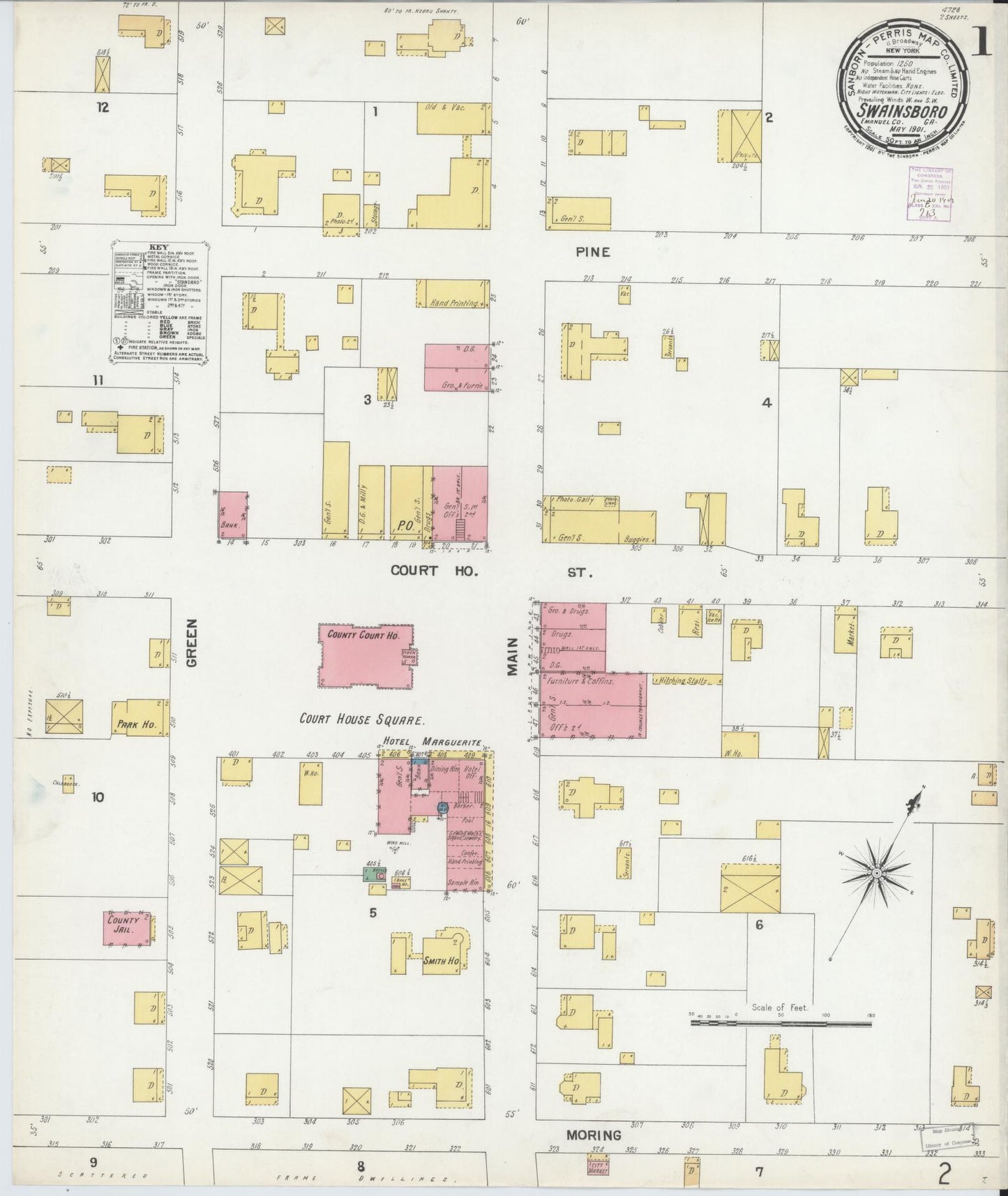 Sanborn Fire Insurance Map from Swainsboro, Emanuel County, Georgia (1901), Sheet #0001 - Complete Map Set gallery image, historic Sanborn map, vintage wall art, Georgia Georgia