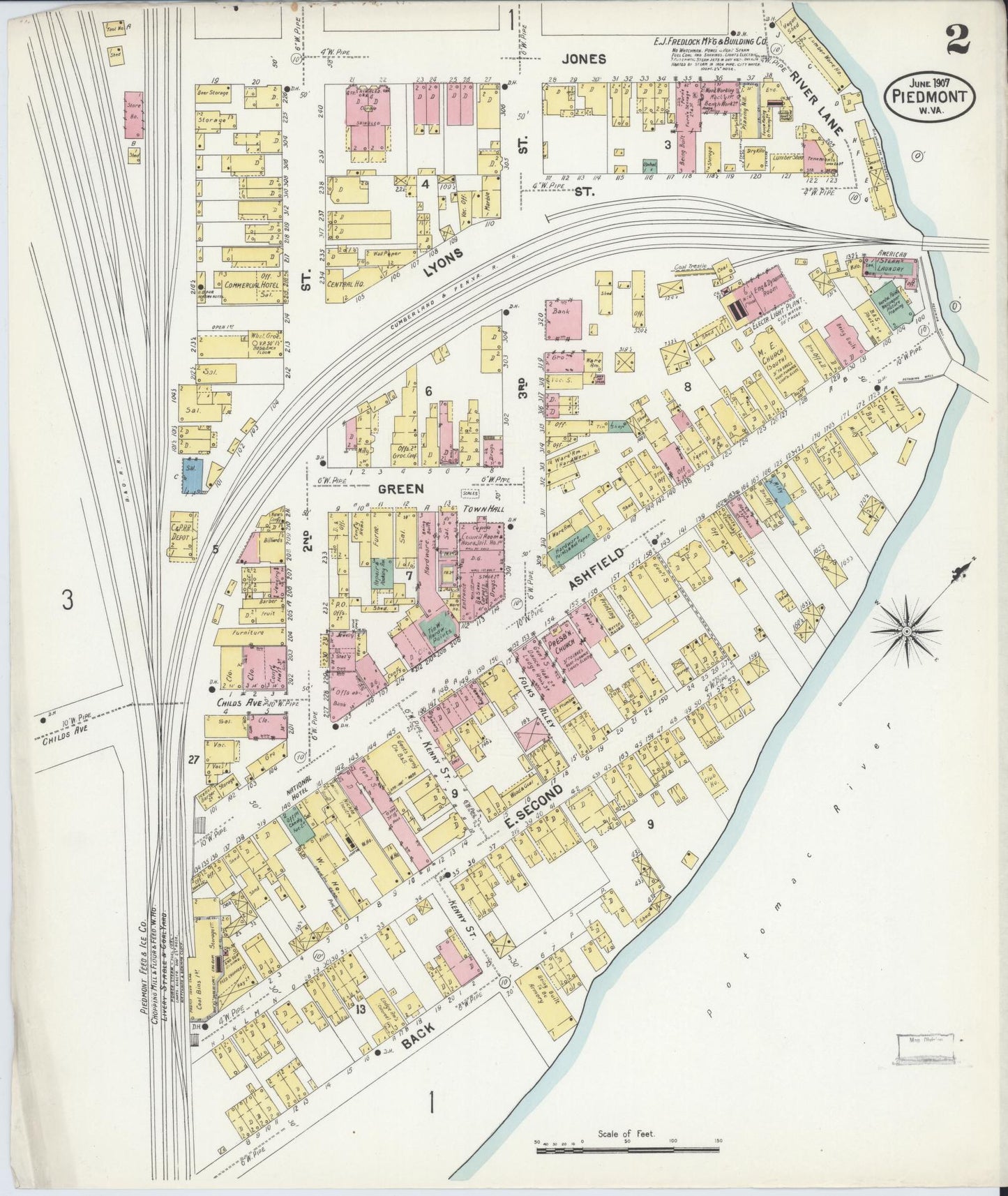Sanborn Fire Insurance Map from Piedmont, Mineral County, West Virginia (1907), Sheet #0002 - Historic Sanborn Fire Insurance Map Print, vintage old map wall art, antique decor, genealogy gift, West Virginia West Virginia map