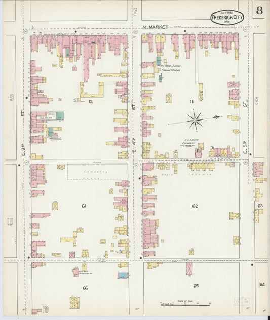 Frederick, Maryland - 1892 - Sanborn Fire Insurance Map, Sheet #0008 - Historic Sanborn Fire Insurance Map Print, Frederick Maryland 1892 0008 vintage old map wall art