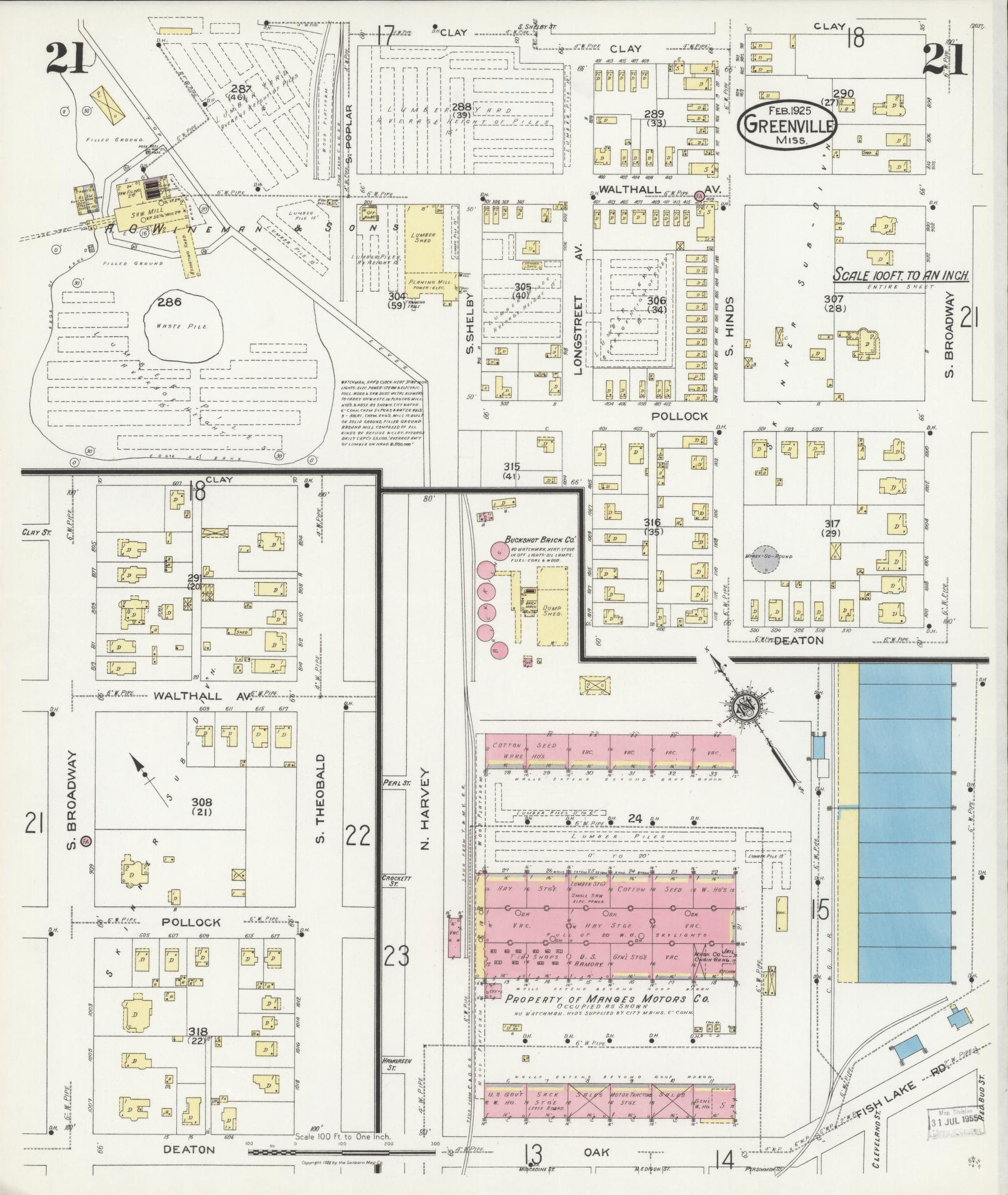 Sanborn Fire Insurance Map from Greenville, Washington County, Mississippi (1925), Sheet #0021 - Complete Map Set gallery image, historic Sanborn map, vintage wall art, Mississippi Mississippi