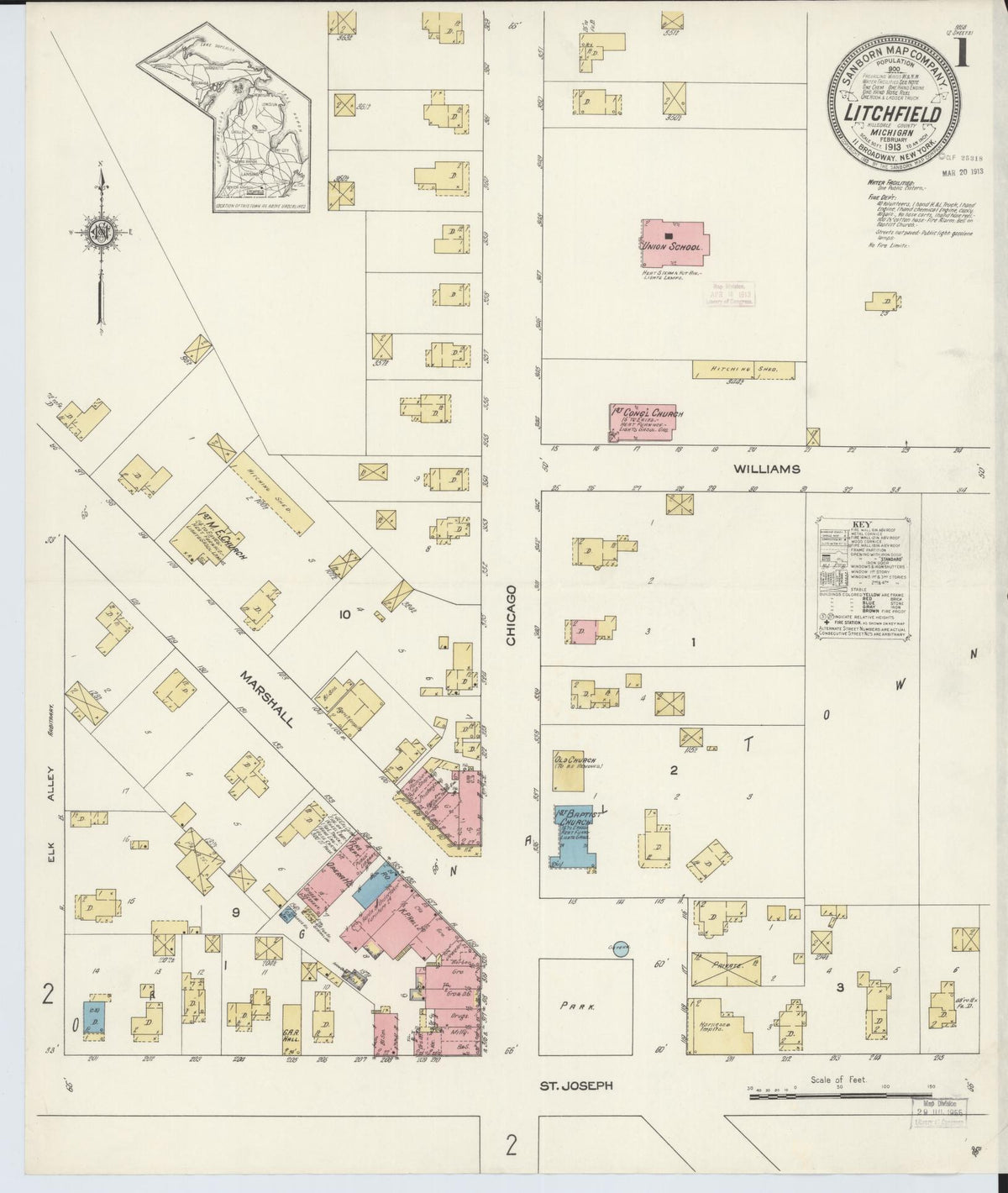 Sanborn Fire Insurance Map from Litchfield, Hillsdale County, Michigan (1913), Sheet #0001 - Historic Sanborn Fire Insurance Map Print, vintage old map wall art, antique decor, genealogy gift, Michigan Michigan map