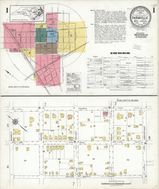 Sanborn Fire Insurance Map from Farmville, Pitt County, North Carolina (1923), Sheet #0001 - Historic Sanborn Fire Insurance Map Print, vintage old map wall art, antique decor, genealogy gift, North Carolina North Carolina map