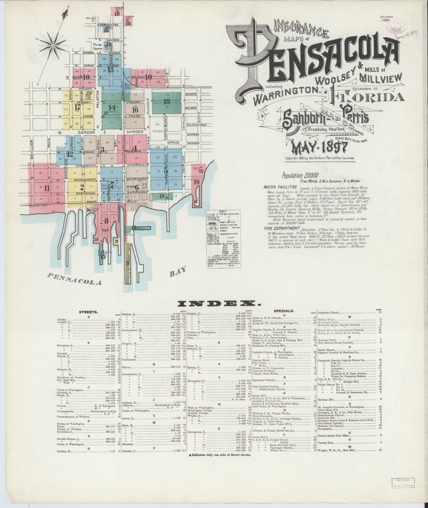 Sanborn Fire Insurance Map from Pensacola, Escambia County, Florida (1897), Sheet #0001 - Historic Sanborn Fire Insurance Map Print, vintage old map wall art, antique decor, genealogy gift, Florida Florida map