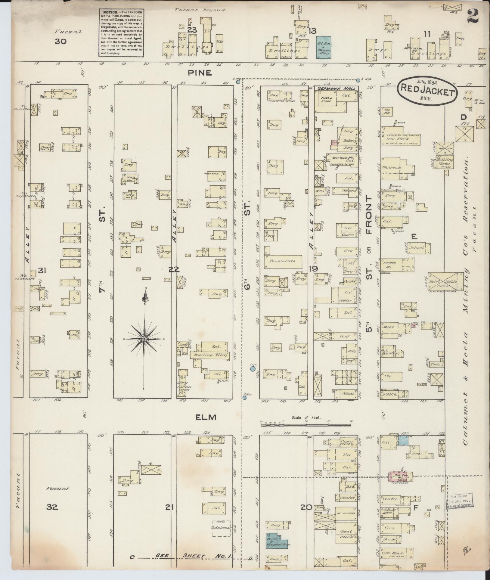 Sanborn Fire Insurance Map from Red Jacket, Houghton County, Michigan (1884), Sheet #0002 - Complete Map Set gallery image, historic Sanborn map, vintage wall art, Michigan Michigan