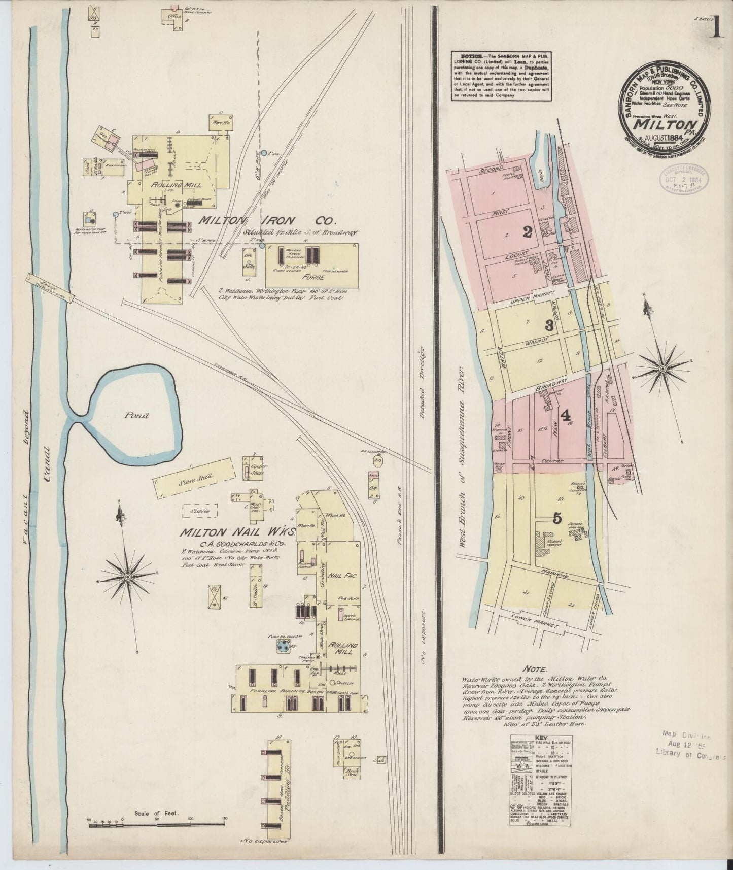 Sanborn Fire Insurance Map from Milton, Northumberland County, Pennsylvania (1884), Sheet #0001 - Historic Sanborn Fire Insurance Map Print, vintage old map wall art, antique decor, genealogy gift, Pennsylvania Pennsylvania map