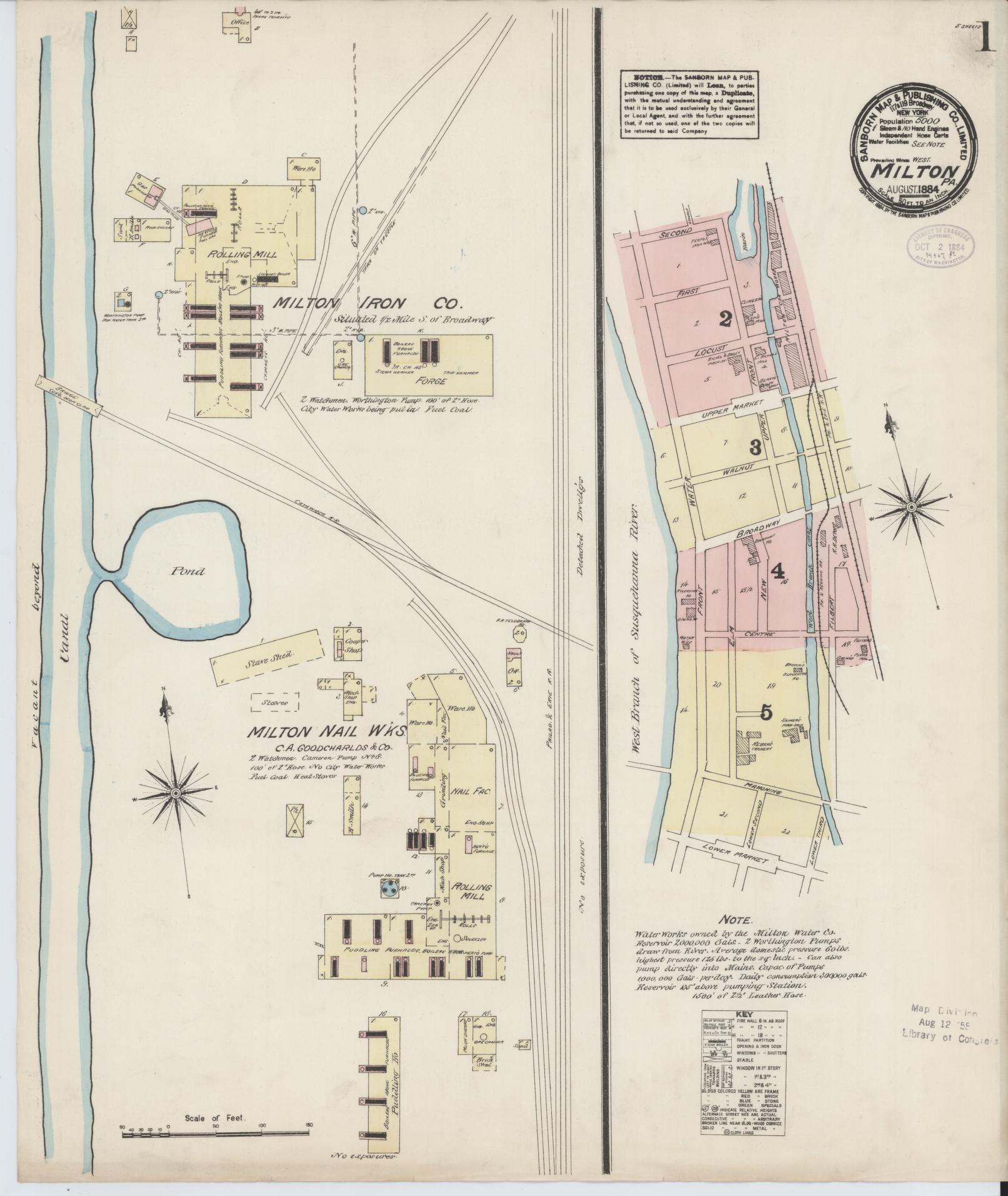 Sanborn Fire Insurance Map from Milton, Northumberland County, Pennsylvania (1884), Sheet #0001 - Historic Sanborn Fire Insurance Map Print, vintage old map wall art, antique decor, genealogy gift, Pennsylvania Pennsylvania map