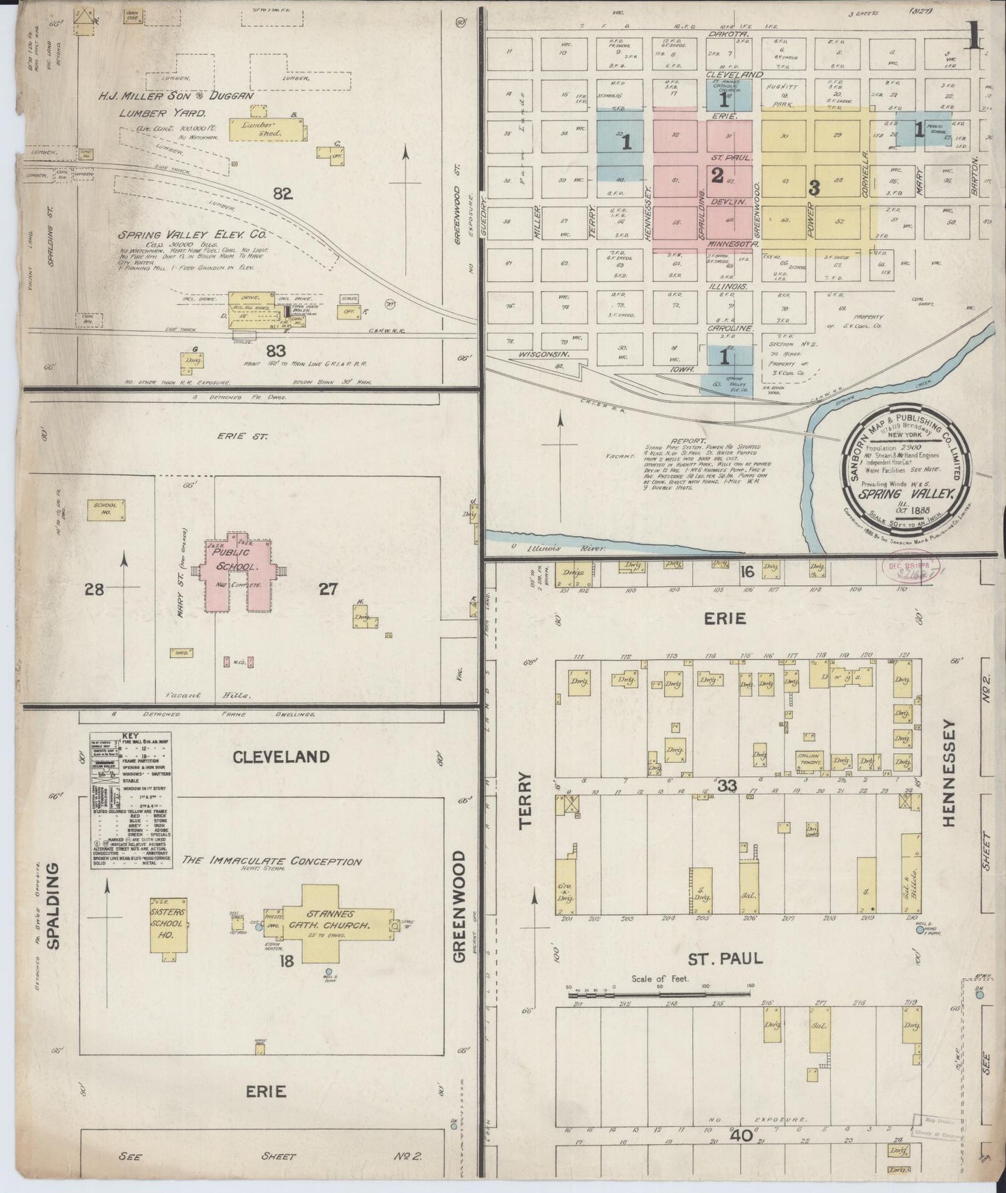 Sanborn Fire Insurance Map from Spring Valley, Bureau County, Illinois (1888), Sheet #0001 - Historic Sanborn Fire Insurance Map Print, vintage old map wall art, antique decor, genealogy gift, Illinois Illinois map