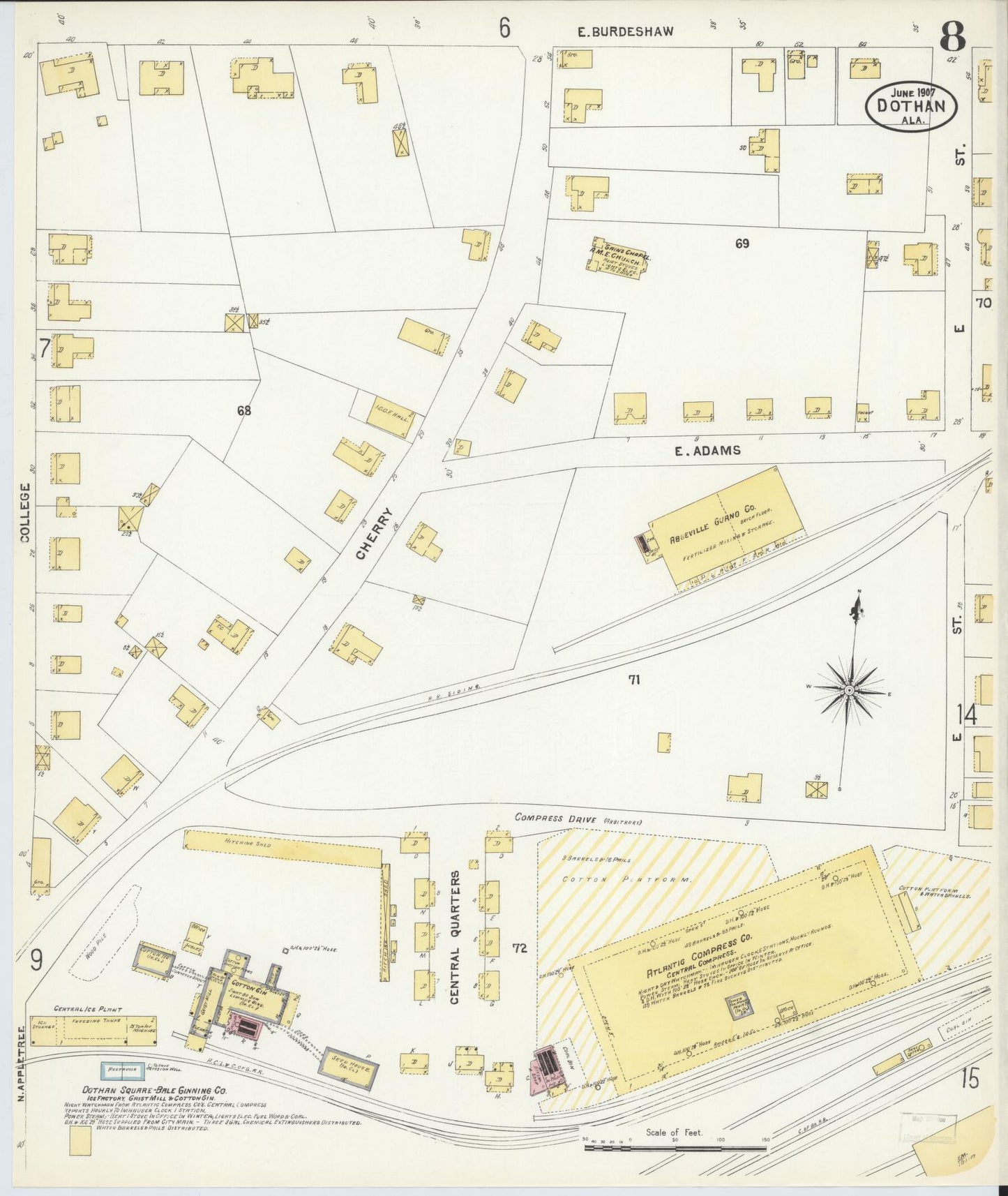 Sanborn Fire Insurance Map from Dothan, Houston County, Alabama (1907), Sheet #0008 - Complete Map Set gallery image, historic Sanborn map, vintage wall art, Alabama Alabama