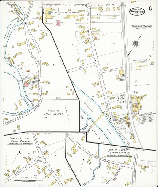 Sanborn Fire Insurance Map from Waterbury, Washington County, Vermont (1919), Sheet #0006 - Historic Sanborn Fire Insurance Map Print, vintage old map wall art, antique decor, genealogy gift, Vermont Vermont map