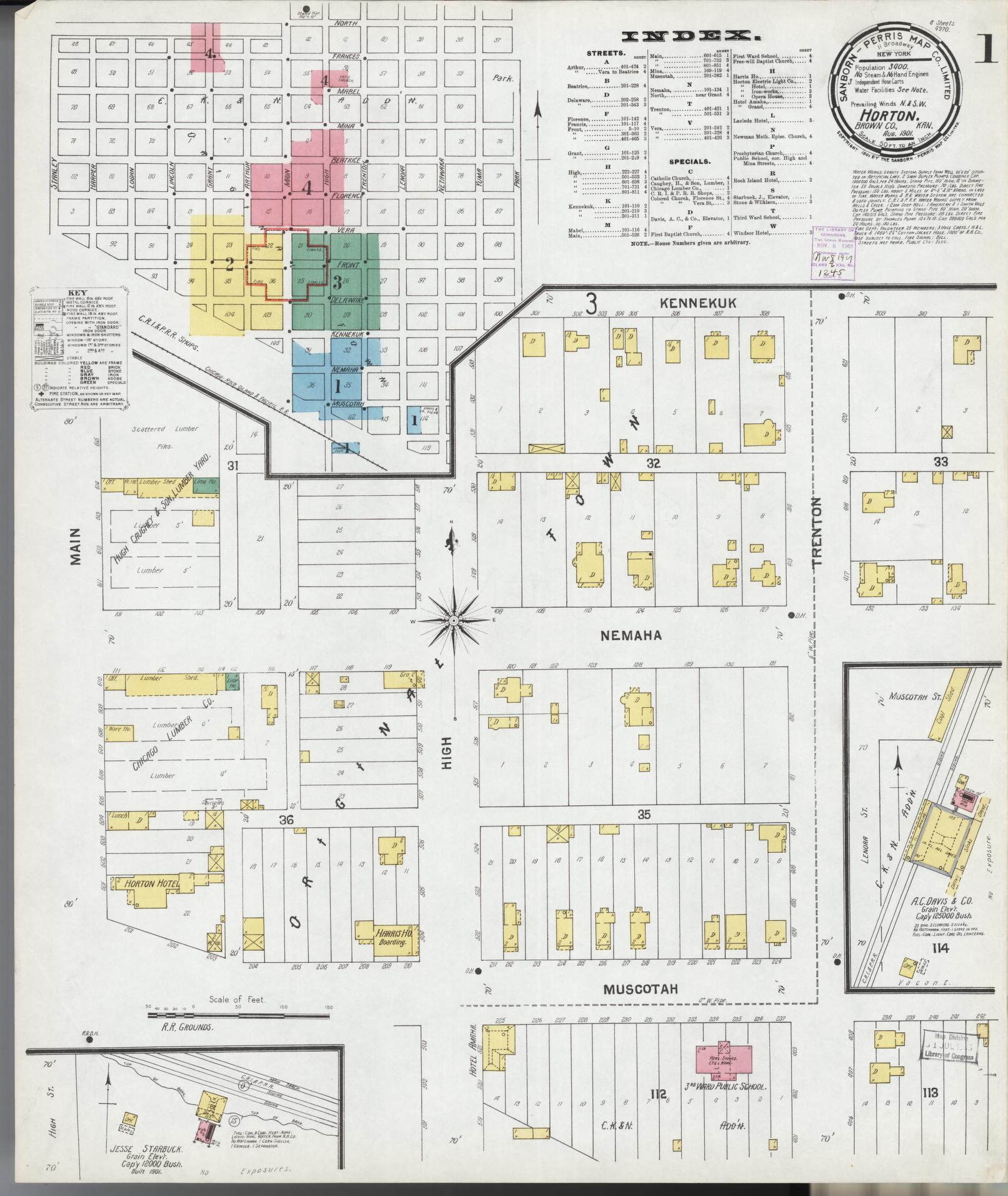 Sanborn Fire Insurance Map from Horton, Brown County, Kansas (1901), Sheet #0001 - Complete Map Set gallery image, historic Sanborn map, vintage wall art, Kansas Kansas