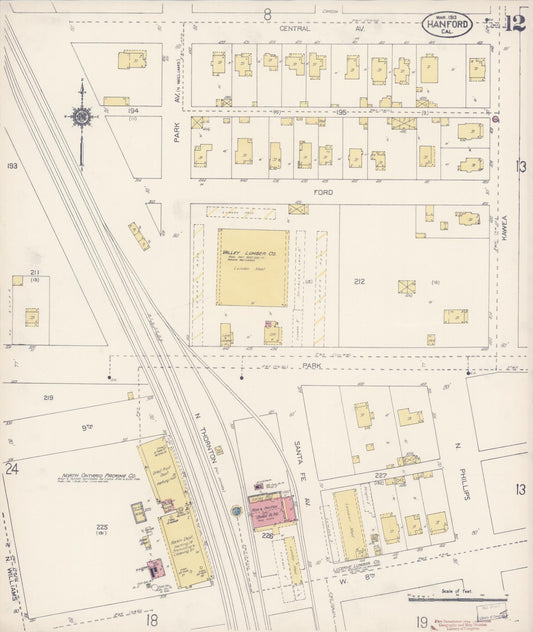Sanborn Fire Insurance Map from Hanford, Kings County, California (1913), Sheet #0012 - Historic Sanborn Fire Insurance Map Print, vintage old map wall art, antique decor, genealogy gift, California California map