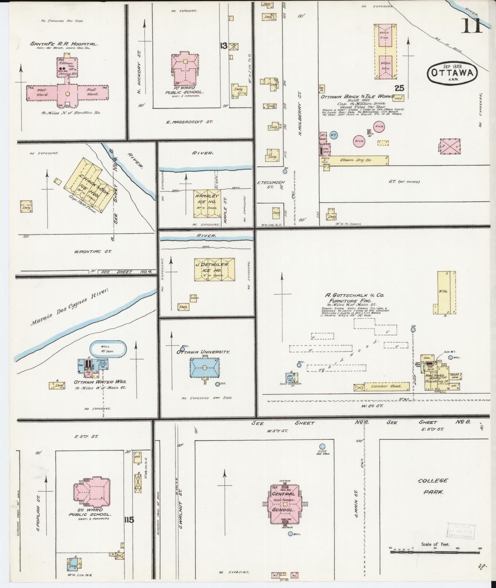 Sanborn Fire Insurance Map from Ottawa, Franklin County, Kansas (1888), Sheet #0011 - Complete Map Set gallery image, historic Sanborn map, vintage wall art, Kansas Kansas