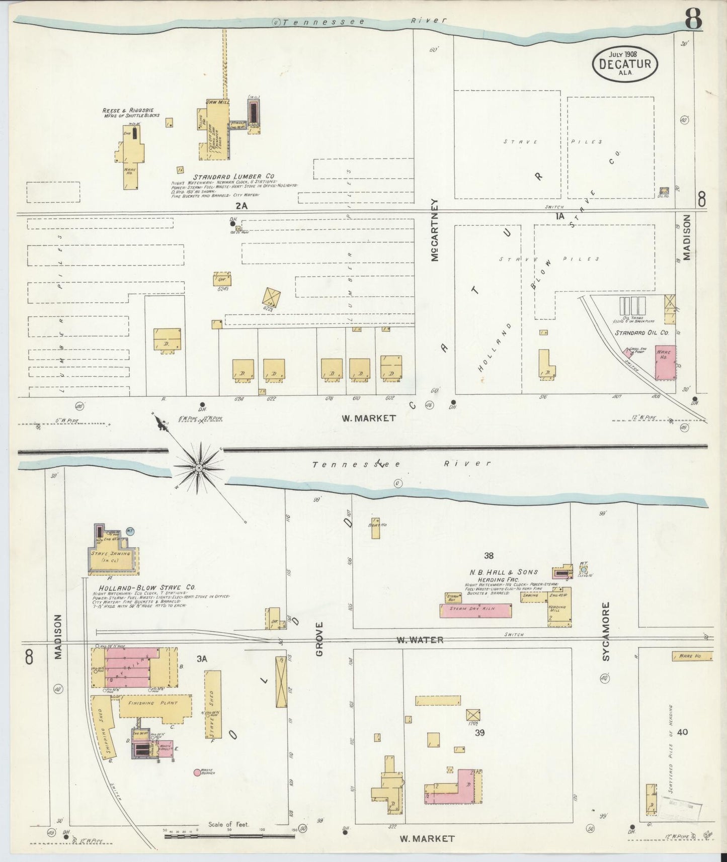 Sanborn Fire Insurance Map from Decatur, Morgan County, Alabama (1908), Sheet #0008 - Complete Map Set gallery image, historic Sanborn map, vintage wall art, Alabama Alabama