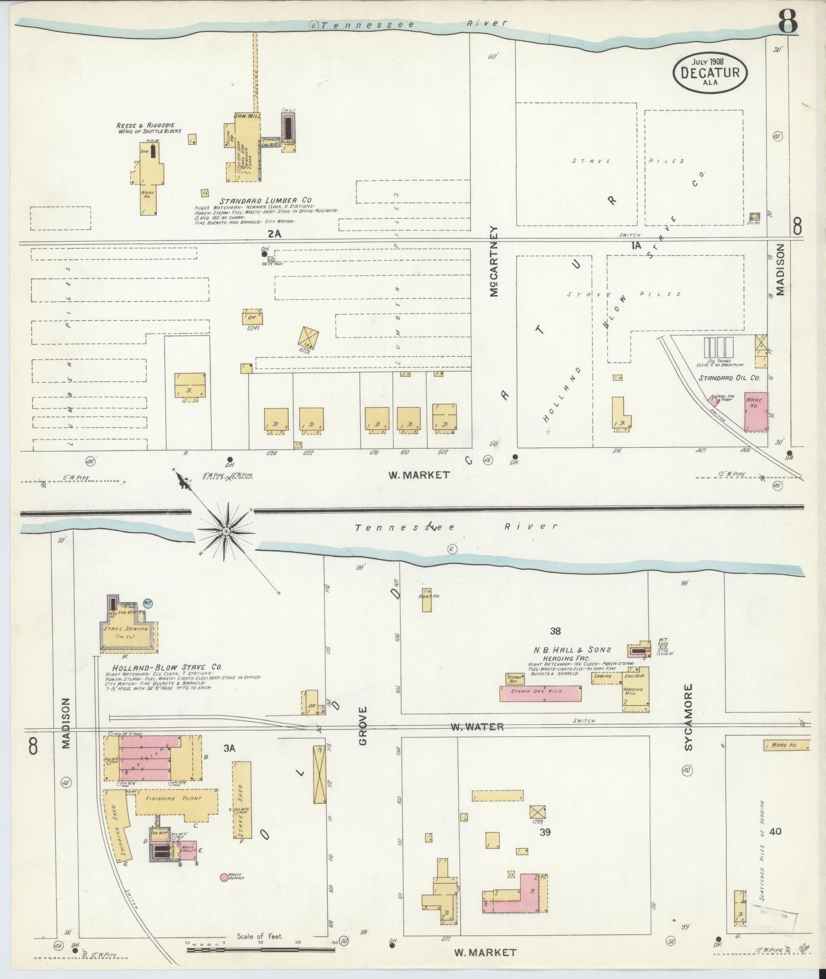 Sanborn Fire Insurance Map from Decatur, Morgan County, Alabama (1908), Sheet #0008 - Complete Map Set gallery image, historic Sanborn map, vintage wall art, Alabama Alabama