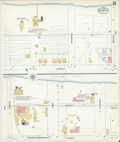 Sanborn Fire Insurance Map from Decatur, Morgan County, Alabama (1908), Sheet #0008 - Complete Map Set gallery image, historic Sanborn map, vintage wall art, Alabama Alabama