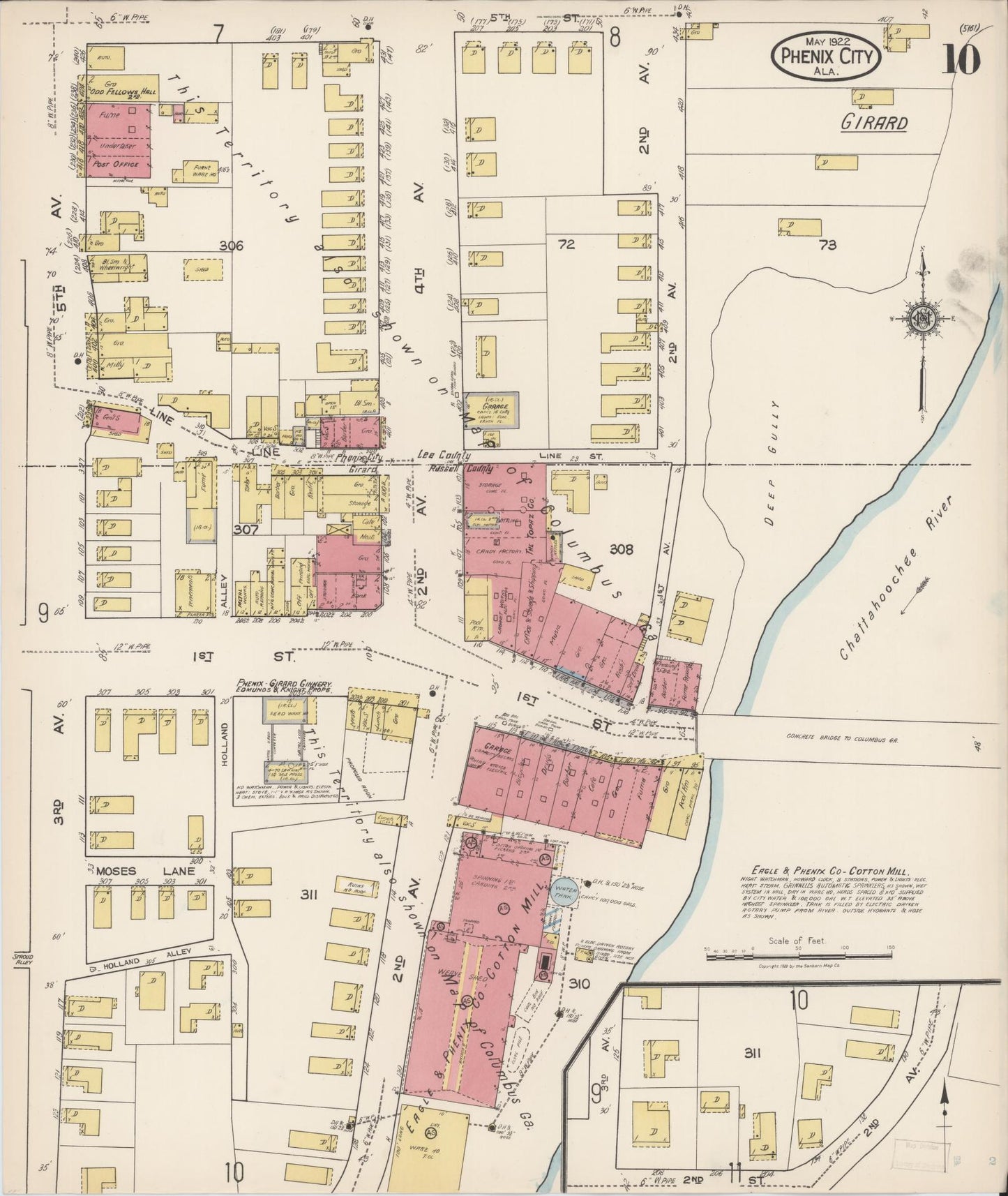 Sanborn Fire Insurance Map from Phenix City, Lee And Russell Counties, Alabama (1922), Sheet #0010 - Historic Sanborn Fire Insurance Map Print, vintage old map wall art, antique decor, genealogy gift, Alabama Alabama map