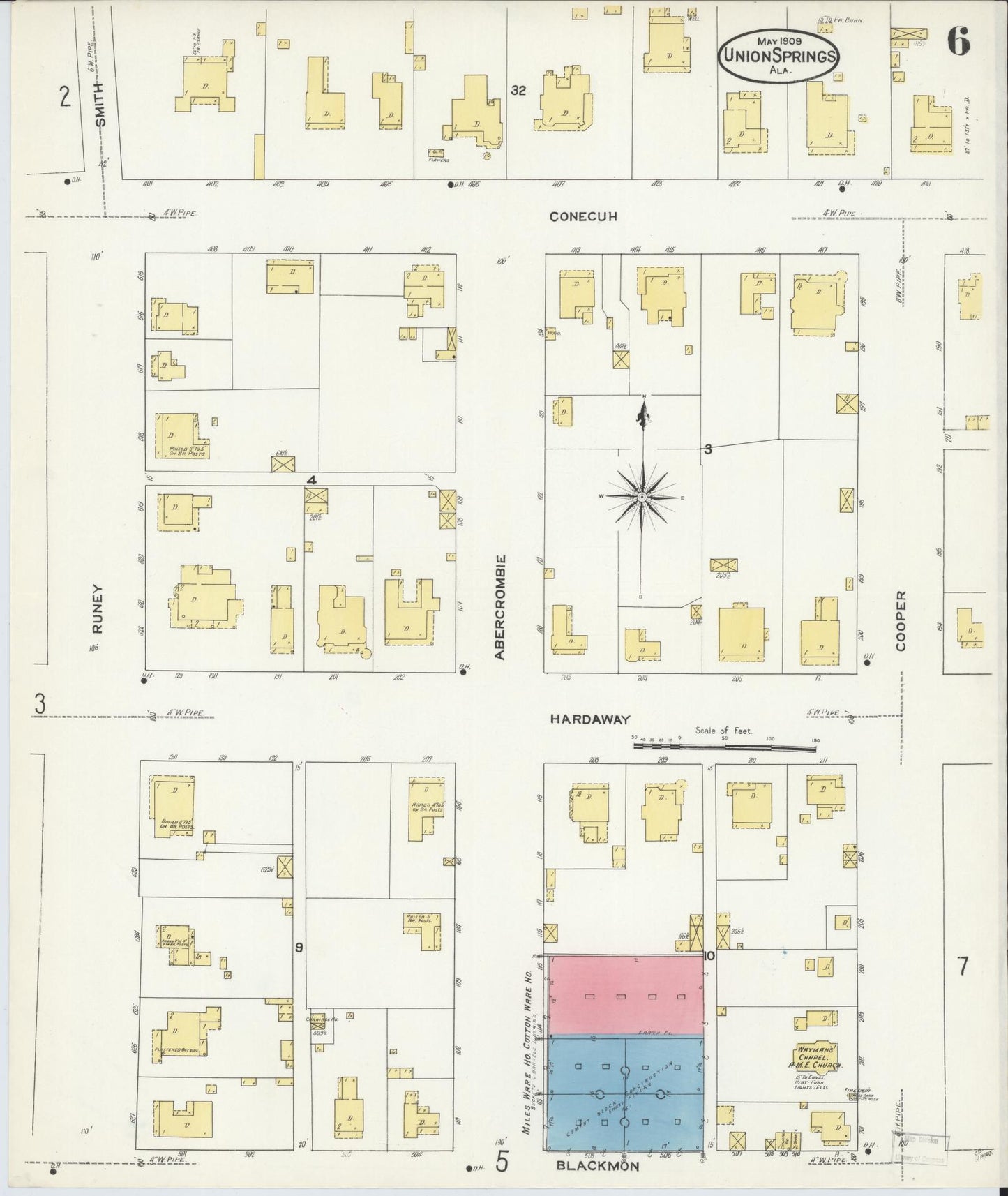 Sanborn Fire Insurance Map from Union Springs, Bullock County, Alabama (1909), Sheet #0006 - Complete Map Set gallery image, historic Sanborn map, vintage wall art, Alabama Alabama