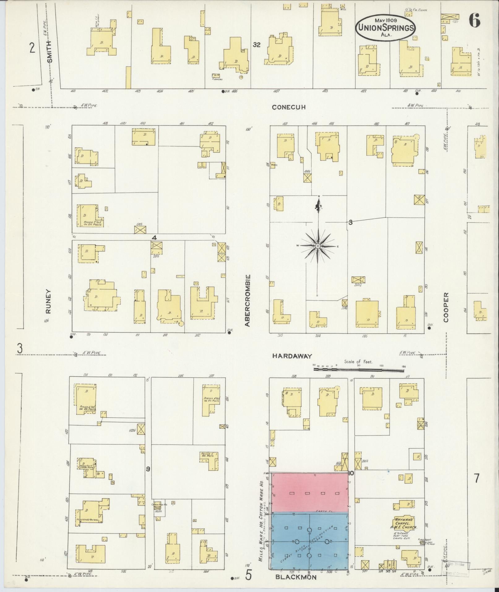 Sanborn Fire Insurance Map from Union Springs, Bullock County, Alabama (1909), Sheet #0006 - Complete Map Set gallery image, historic Sanborn map, vintage wall art, Alabama Alabama