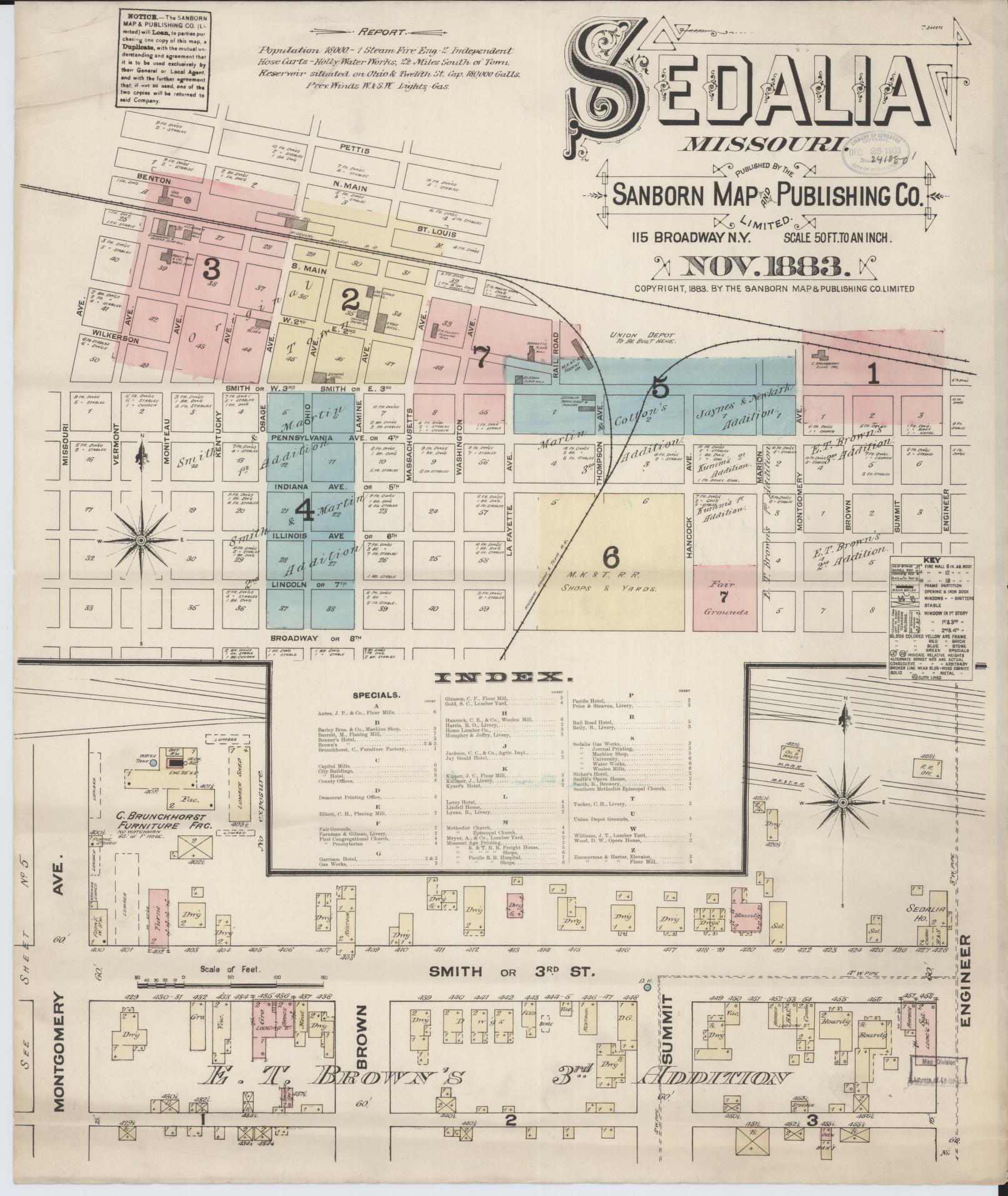 Sanborn Fire Insurance Map from Sedalia, Pettis County, Missouri (1883), Sheet #0001 - Historic Sanborn Fire Insurance Map Print, vintage old map wall art, antique decor, genealogy gift, Missouri Missouri map