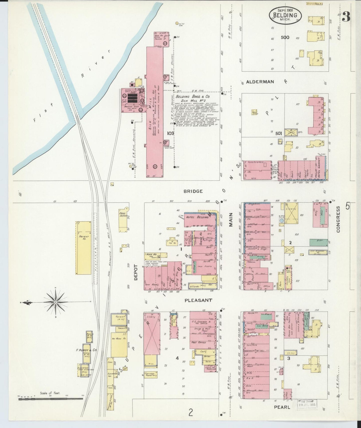 Sanborn Fire Insurance Map from Belding, Ionia County, Michigan (1908), Sheet #0003 - Historic Sanborn Fire Insurance Map Print, vintage old map wall art, antique decor, genealogy gift, Michigan Michigan map