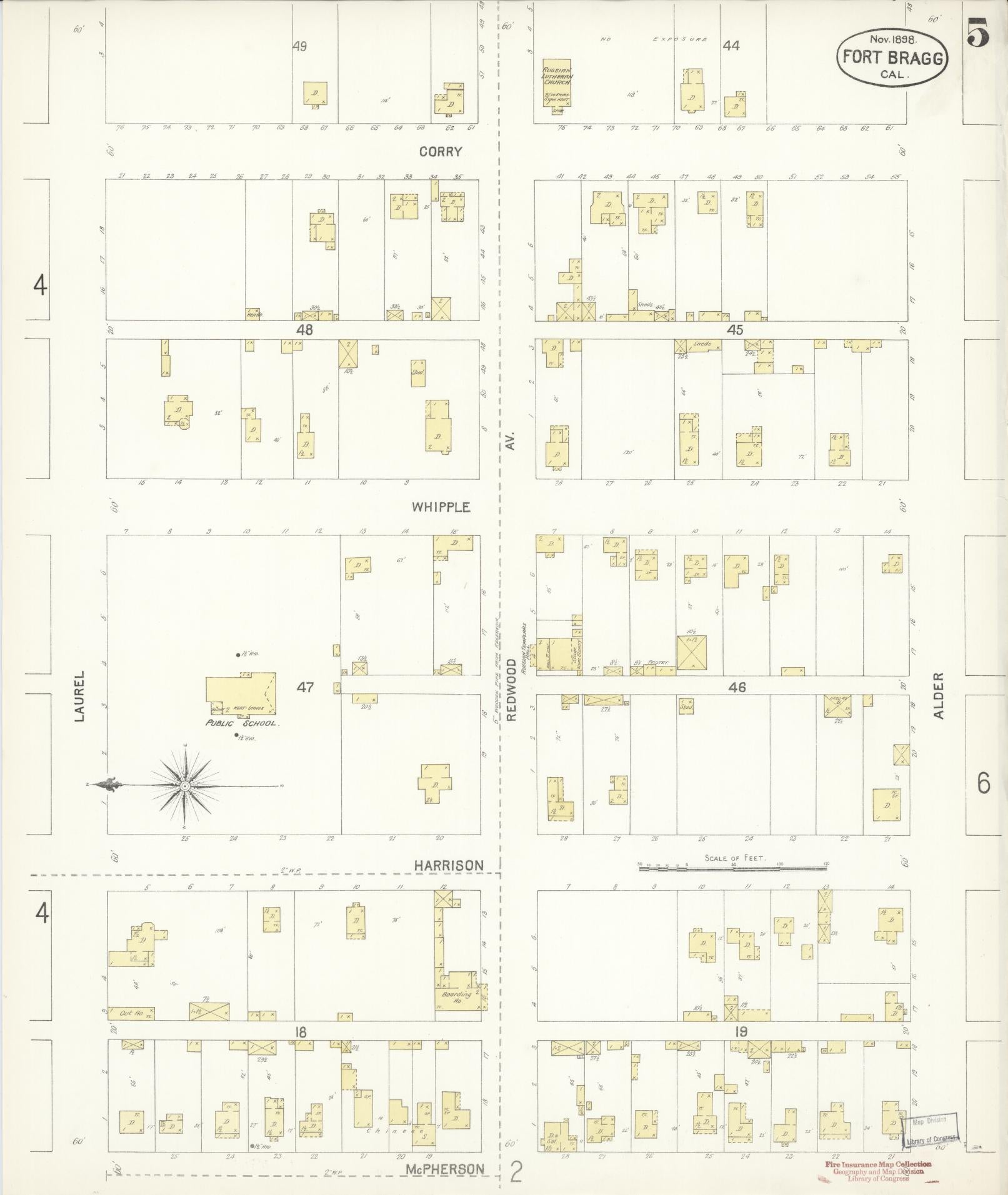 Sanborn Fire Insurance Map from Fort Bragg, Mendocino County, California (1898), Sheet #0005 - Historic Sanborn Fire Insurance Map Print, vintage old map wall art, antique decor, genealogy gift, California California map