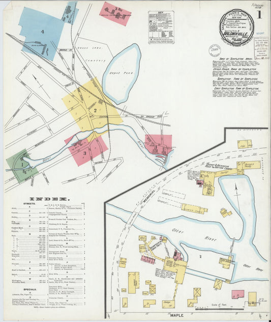 Sanborn Fire Insurance Map from Baldwinville, Worcester County, Massachusetts (1900), Sheet #0001 - Historic Sanborn Fire Insurance Map Print, vintage old map wall art, antique decor, genealogy gift, Massachusetts Massachusetts map
