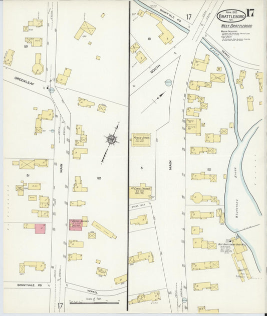 Sanborn Fire Insurance Map from Brattleboro, Windham County, Vermont (1912), Sheet #0017 - Historic Sanborn Fire Insurance Map Print, vintage old map wall art, antique decor, genealogy gift, Vermont Vermont map