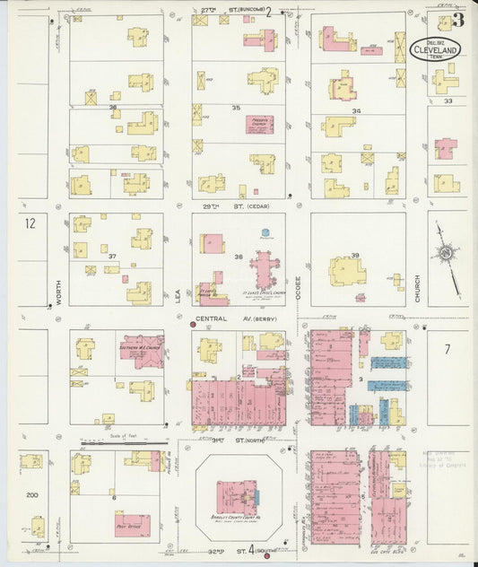 Sanborn Fire Insurance Map from Cleveland, Bradley County, Tennessee (1912), Sheet #0003 - Historic Sanborn Fire Insurance Map Print, vintage old map wall art, antique decor, genealogy gift, Tennessee Tennessee map