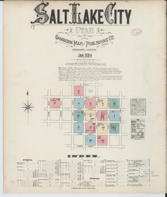 Sanborn Fire Insurance Map from Salt Lake City, Salt Lake County, Utah (1884), Sheet #0001 - Historic Sanborn Fire Insurance Map Print, vintage old map wall art, antique decor, genealogy gift, Utah Utah map