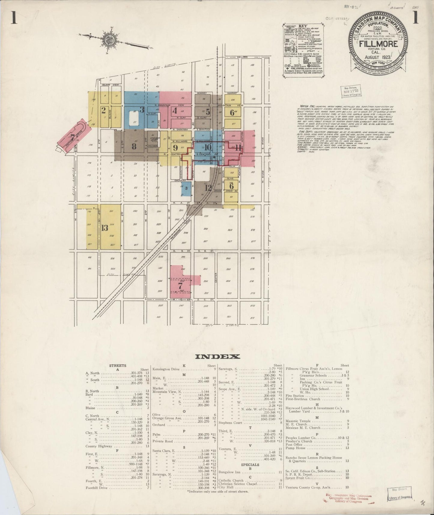 Sanborn Fire Insurance Map from Fillmore, Ventura County, California (1923), Sheet #0001 - Complete Map Set gallery image, historic Sanborn map, vintage wall art, California California