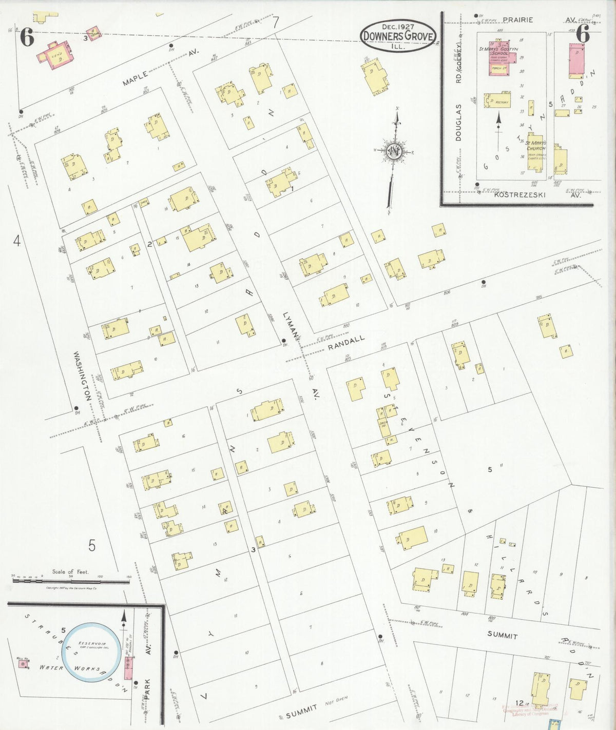 Sanborn Fire Insurance Map from Downers Grove, Dupage County, Illinois (1927), Sheet #0006 - Complete Map Set gallery image, historic Sanborn map, vintage wall art, Illinois Illinois