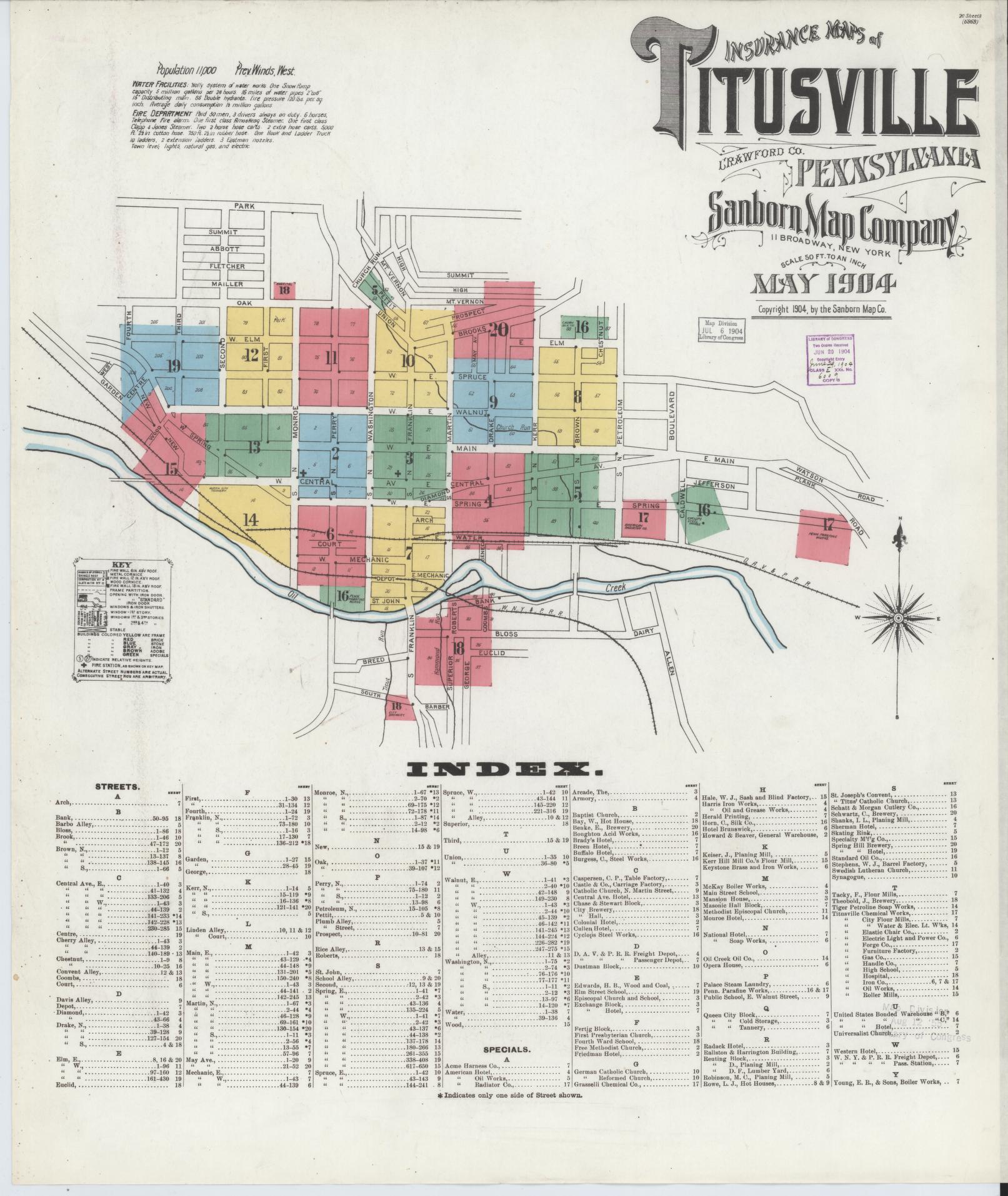 Sanborn Fire Insurance Map from Titusville, Crawford County, Pennsylvania (1904), Sheet #0001 - Complete Map Set gallery image, historic Sanborn map, vintage wall art, Pennsylvania Pennsylvania