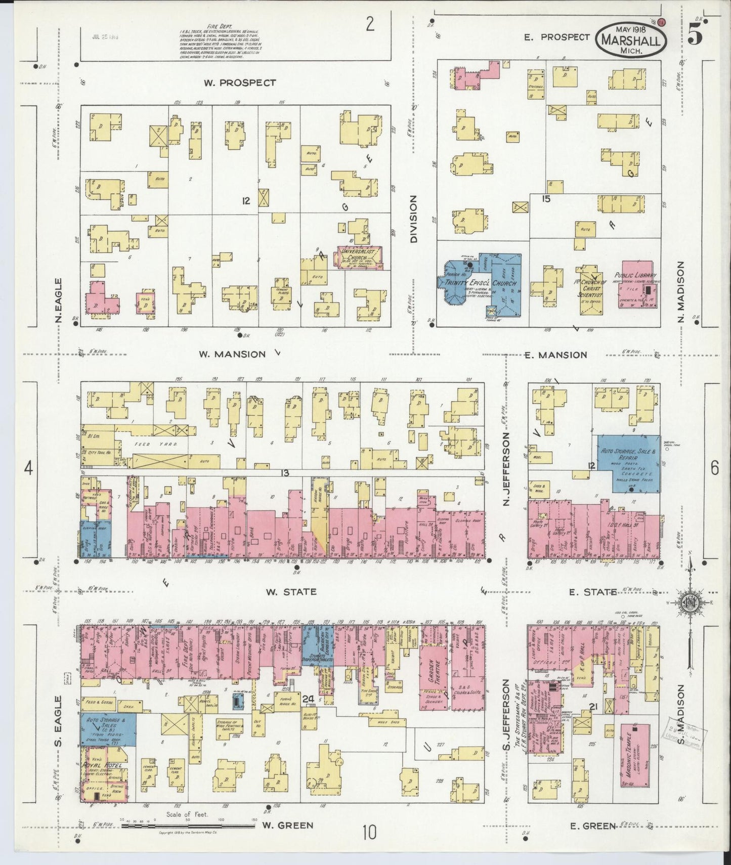 Sanborn Fire Insurance Map from Marshall, Calhoun County, Michigan (1916), Sheet #0005 - Historic Sanborn Fire Insurance Map Print, vintage old map wall art, antique decor, genealogy gift, Michigan Michigan map
