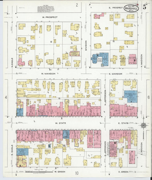 Sanborn Fire Insurance Map from Marshall, Calhoun County, Michigan (1916), Sheet #0005 - Historic Sanborn Fire Insurance Map Print, vintage old map wall art, antique decor, genealogy gift, Michigan Michigan map