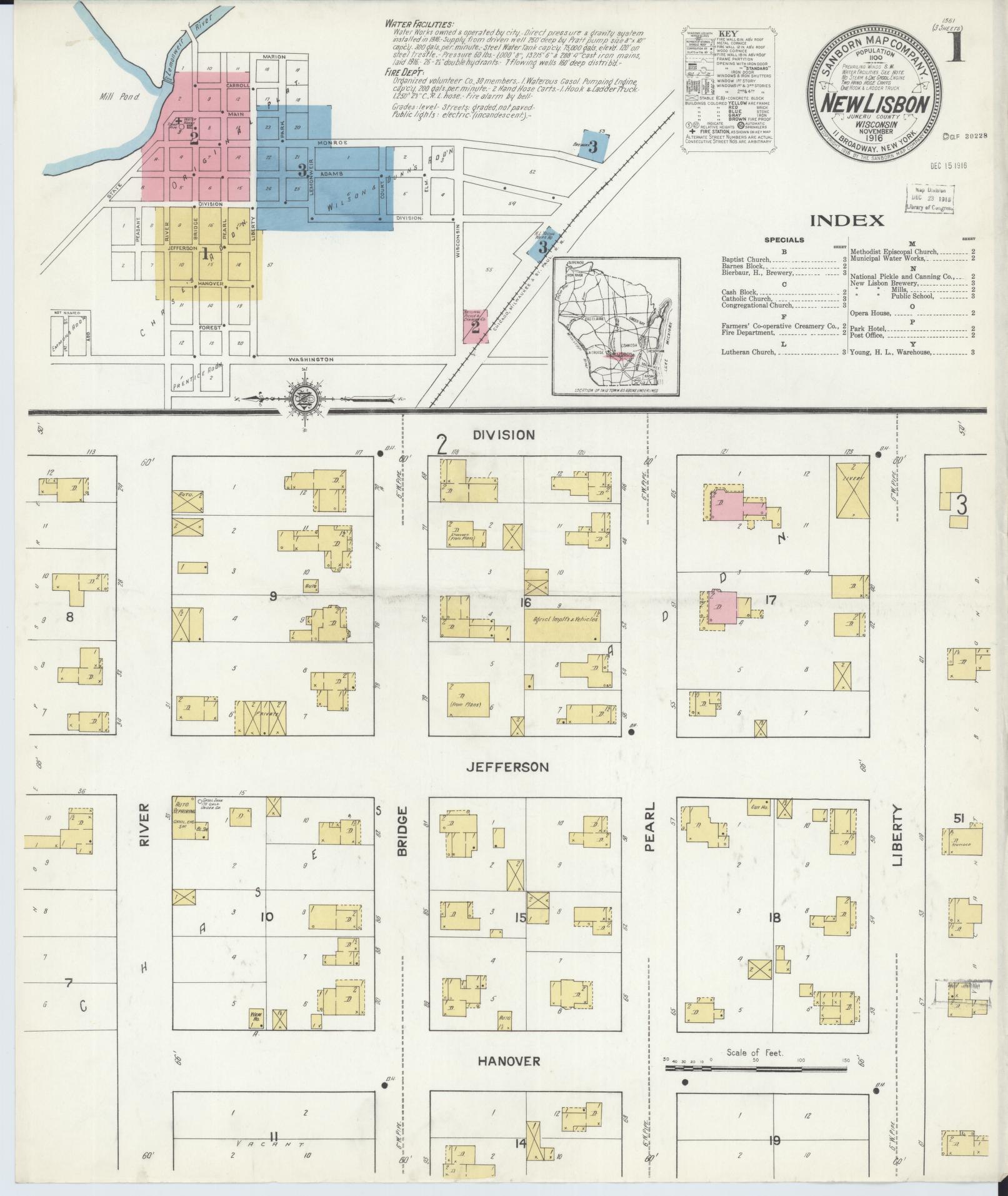 Sanborn Fire Insurance Map from New Lisbon, Juneau County, Wisconsin (1916), Sheet #0001 - Historic Sanborn Fire Insurance Map Print, vintage old map wall art, antique decor, genealogy gift, Wisconsin Wisconsin map