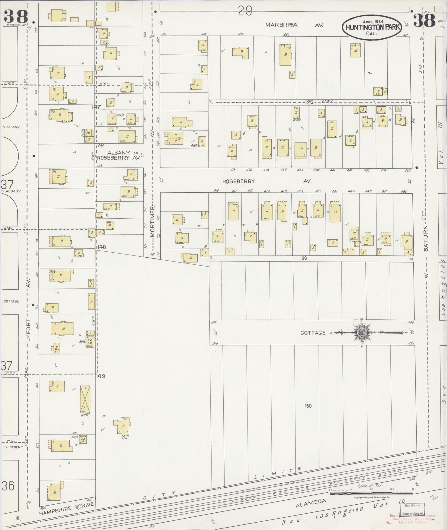 Sanborn Fire Insurance Map from Huntington Park, Los Angeles County, California (1924), Sheet #0038 - Historic Sanborn Fire Insurance Map Print, vintage old map wall art, antique decor, genealogy gift, California California map