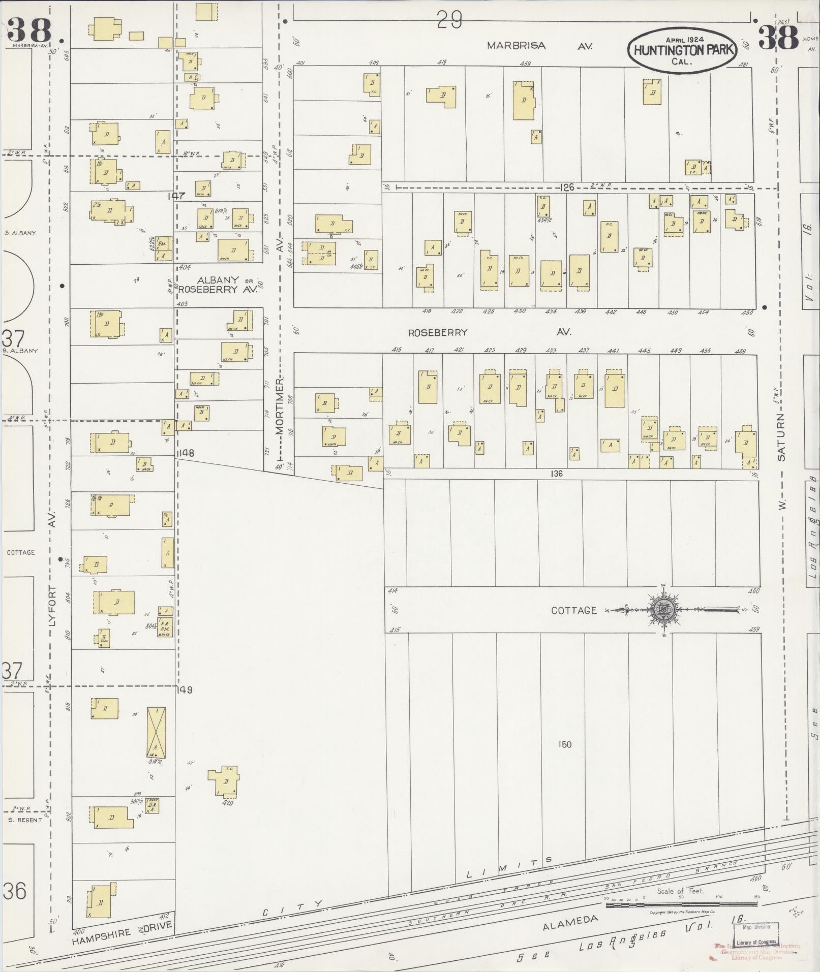 Sanborn Fire Insurance Map from Huntington Park, Los Angeles County, California (1924), Sheet #0038 - Historic Sanborn Fire Insurance Map Print, vintage old map wall art, antique decor, genealogy gift, California California map