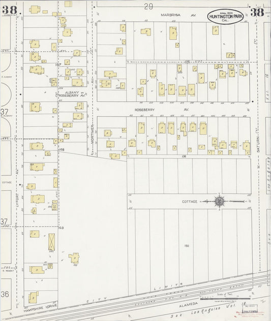 Sanborn Fire Insurance Map from Huntington Park, Los Angeles County, California (1924), Sheet #0038 - Historic Sanborn Fire Insurance Map Print, vintage old map wall art, antique decor, genealogy gift, California California map