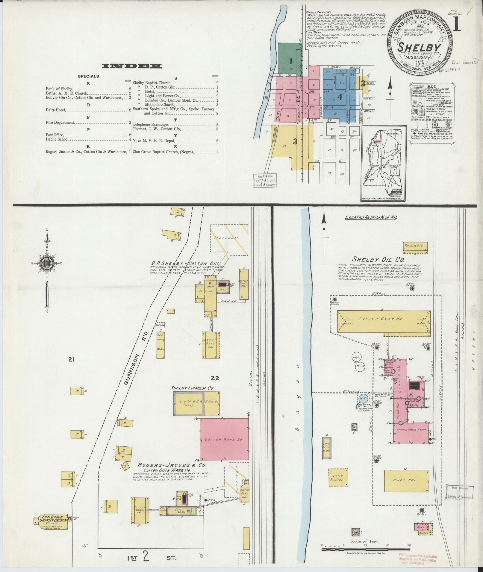 Sanborn Fire Insurance Map from Shelby, Bolivar County, Mississippi (1919), Sheet #0001 - Complete Map Set gallery image, historic Sanborn map, vintage wall art, Mississippi Mississippi