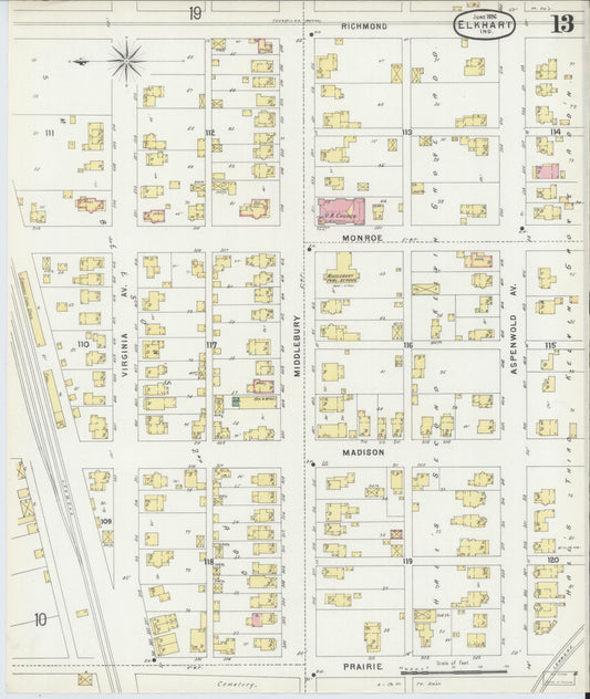 Sanborn Fire Insurance Map from Elkhart, Elkhart County, Indiana (1896), Sheet #0013 - Historic Sanborn Fire Insurance Map Print, vintage old map wall art, antique decor, genealogy gift, Indiana Indiana map