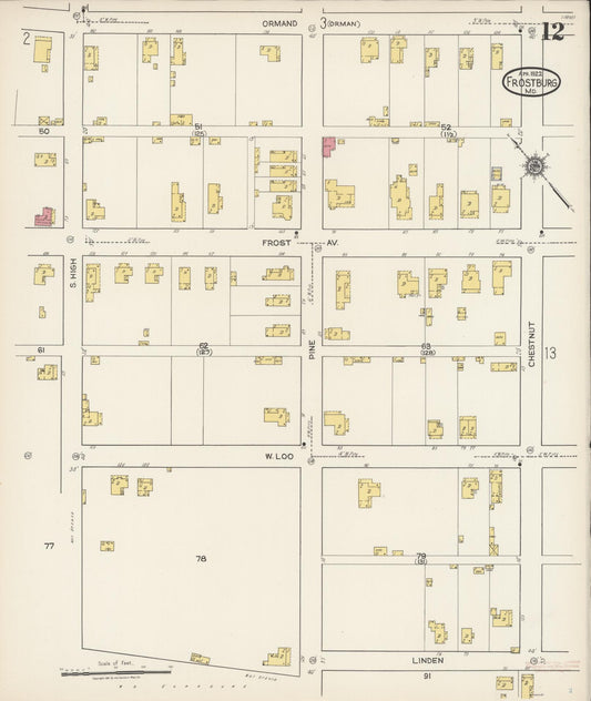 Sanborn Fire Insurance Map from Frostburg, Allegany County, Maryland (1922), Sheet #0012 - Historic Sanborn Fire Insurance Map Print, vintage old map wall art