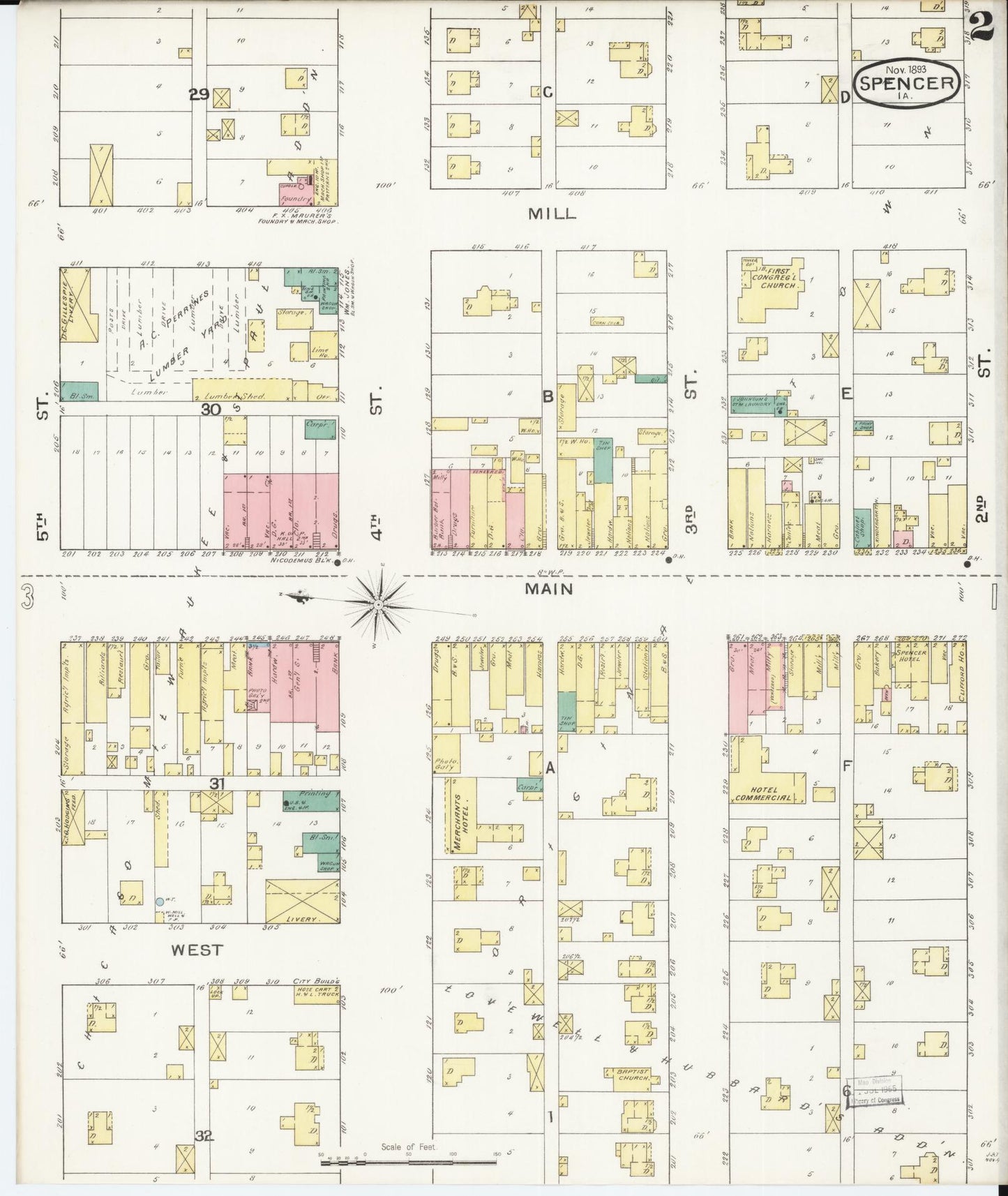 Sanborn Fire Insurance Map from Spencer, Clay County, Iowa (1893), Sheet #0002 - Historic Sanborn Fire Insurance Map Print, vintage old map wall art