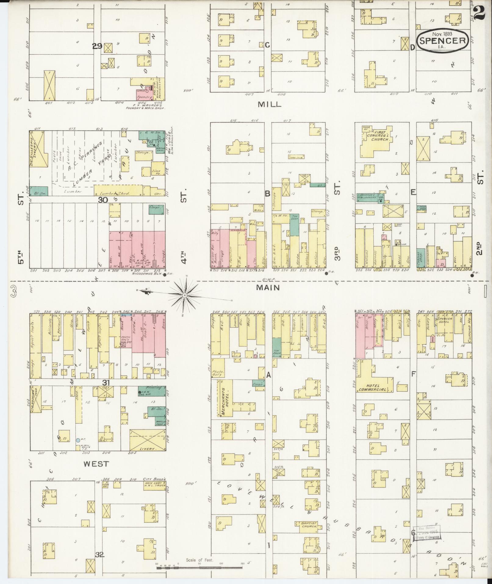 Sanborn Fire Insurance Map from Spencer, Clay County, Iowa (1893), Sheet #0002 - Historic Sanborn Fire Insurance Map Print, vintage old map wall art
