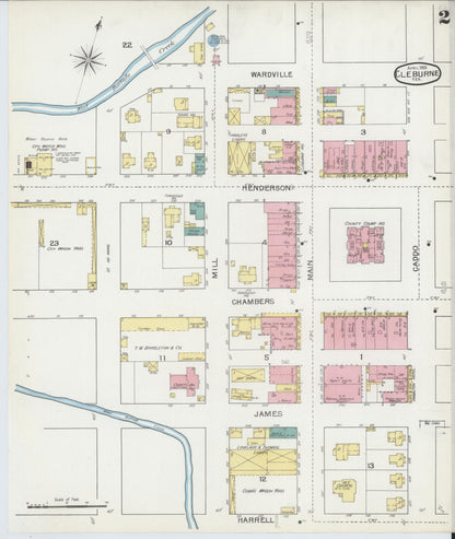 Sanborn Fire Insurance Map from Cleburne, Johnson County, Texas (1893), Sheet #0002 - Historic Sanborn Fire Insurance Map Print, vintage old map wall art, antique decor, genealogy gift, Texas Texas map