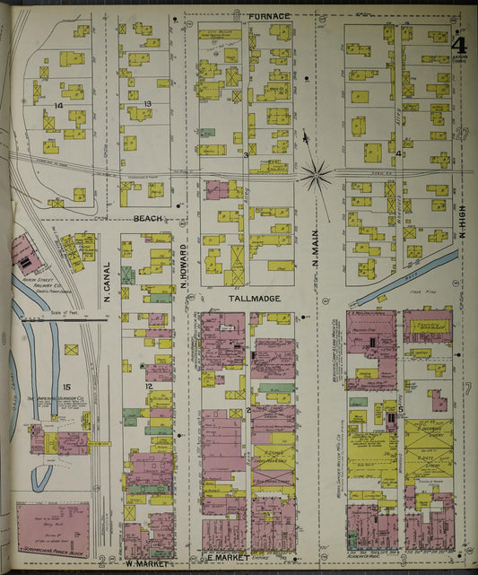 Sanborn Fire Insurance Map from Akron, Summit County, Ohio (1892), Sheet #0004 - Historic Sanborn Fire Insurance Map Print, vintage old map wall art, antique decor, genealogy gift, Ohio Ohio map