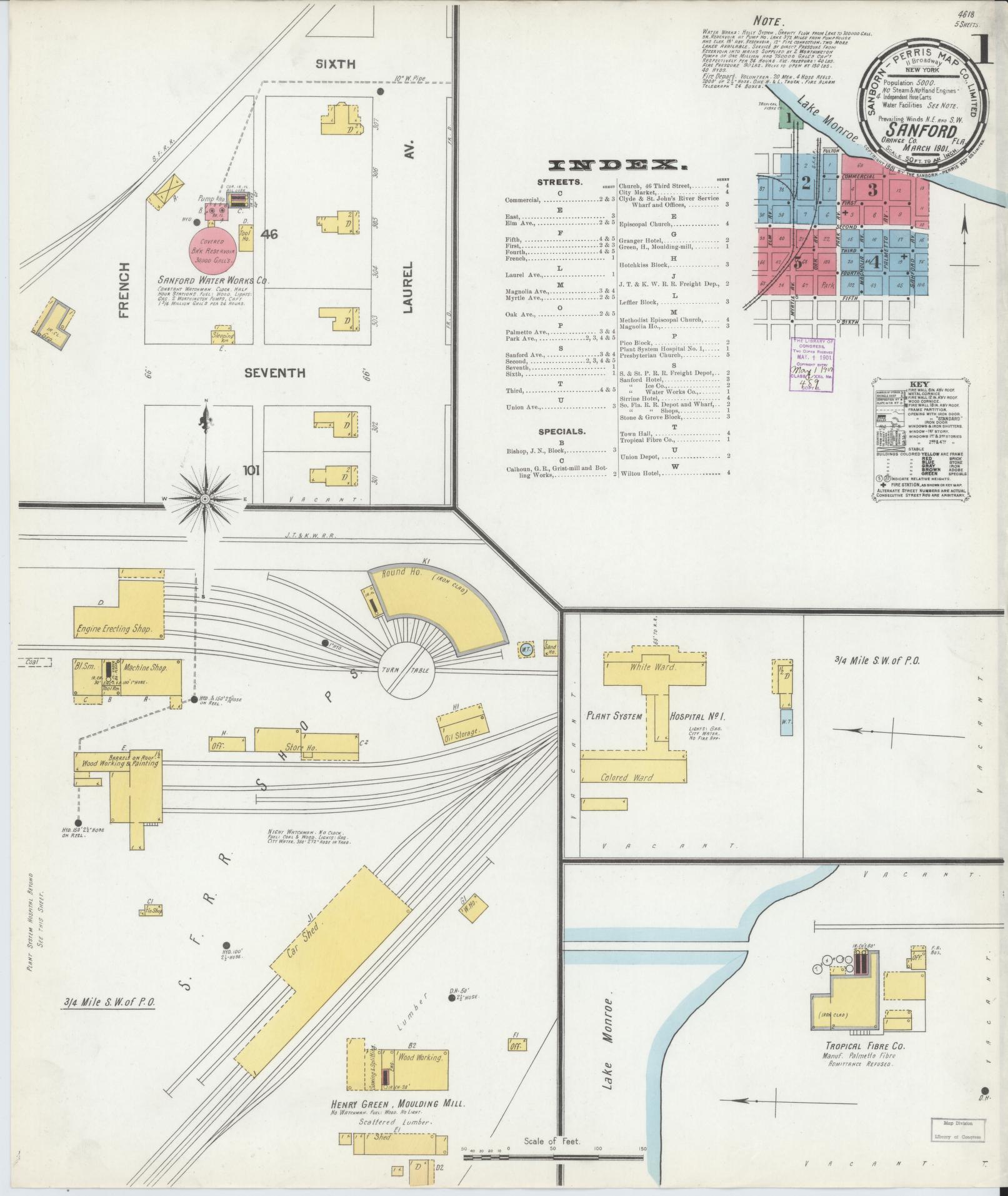 Sanborn Fire Insurance Map from Sanford, Seminole County, Florida (1901), Sheet #0001 - Complete Map Set gallery image, historic Sanborn map, vintage wall art, Florida Florida